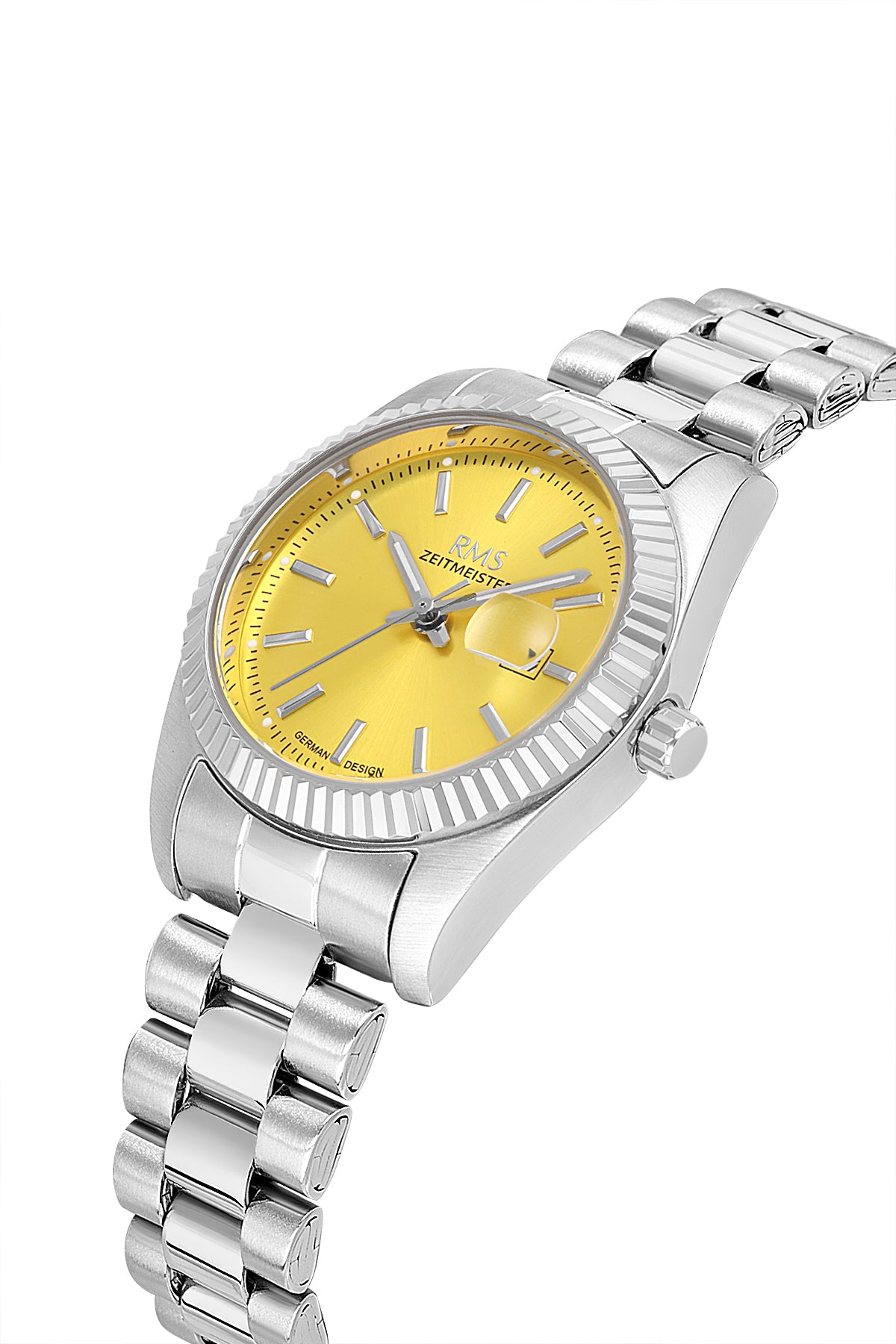 RMS Zeitmeister AG1536.118 women's watch with yellow dial, silver-tone case and stainless steel bracelet – angled view