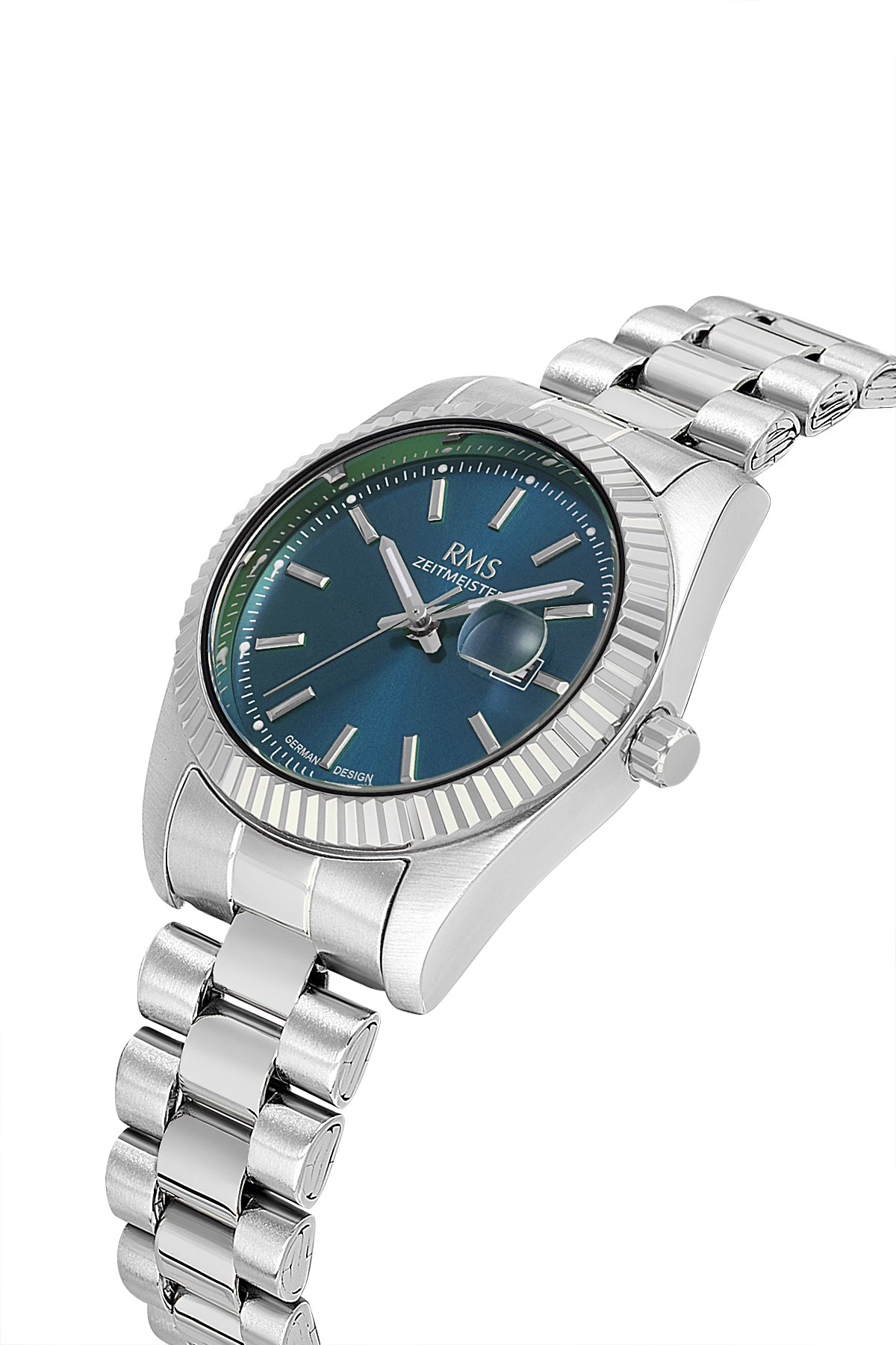 RMS Zeitmeister AG1536.13 women's watch with blue dial, silver-tone case and stainless steel bracelet – angled view