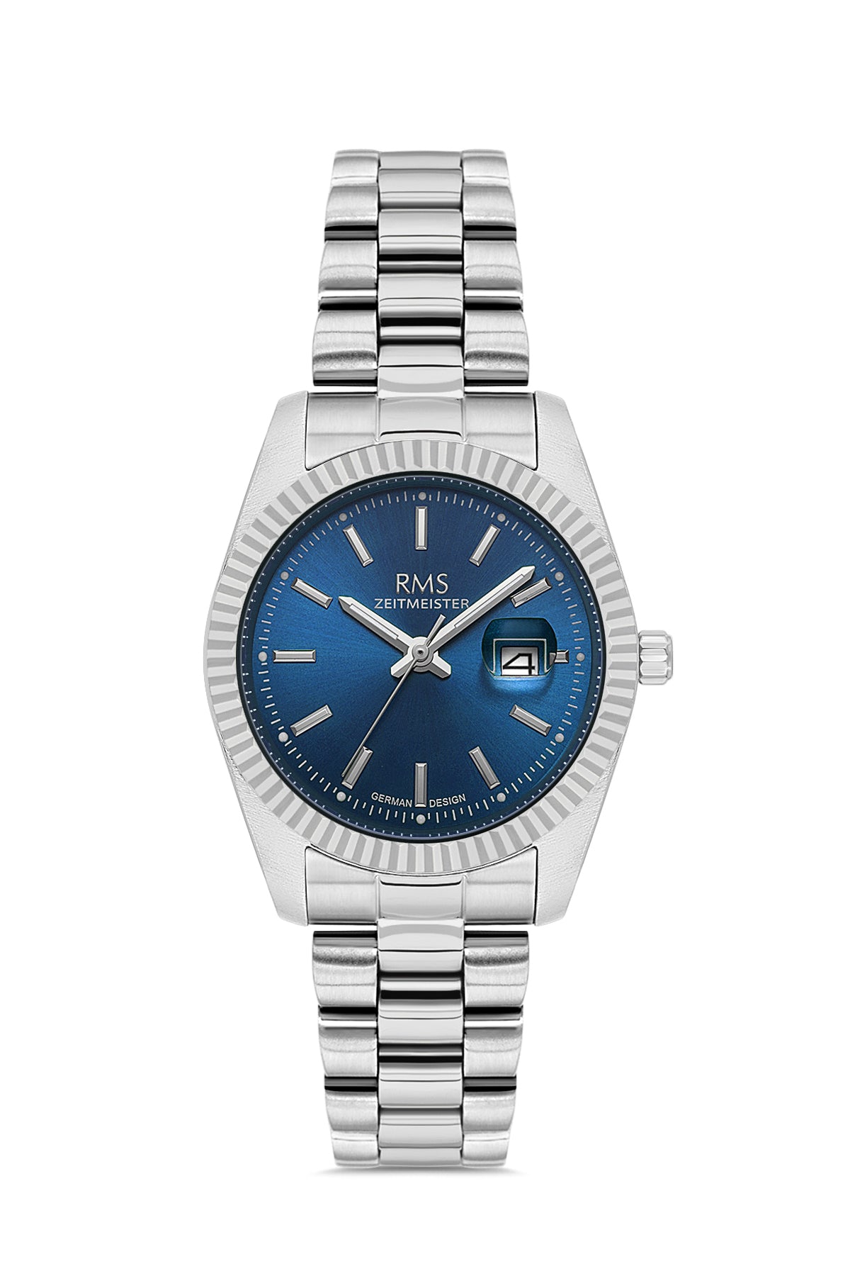 RMS Zeitmeister AG1536.13 women's watch with blue dial, silver-tone case and stainless steel bracelet – front view