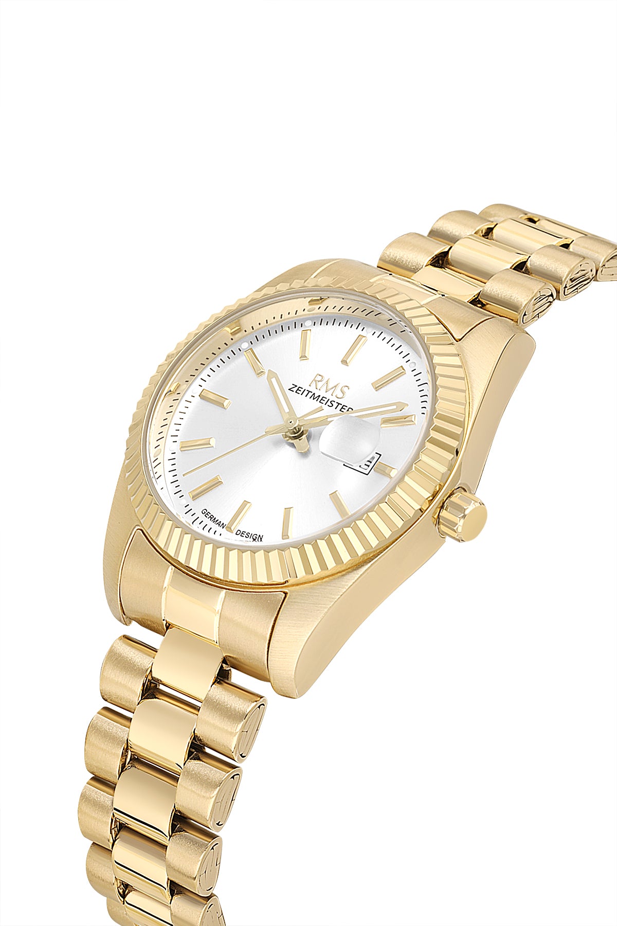 RMS Zeitmeister AG1536.20 women's watch with silver dial, gold-tone case and stainless steel bracelet – angled view
