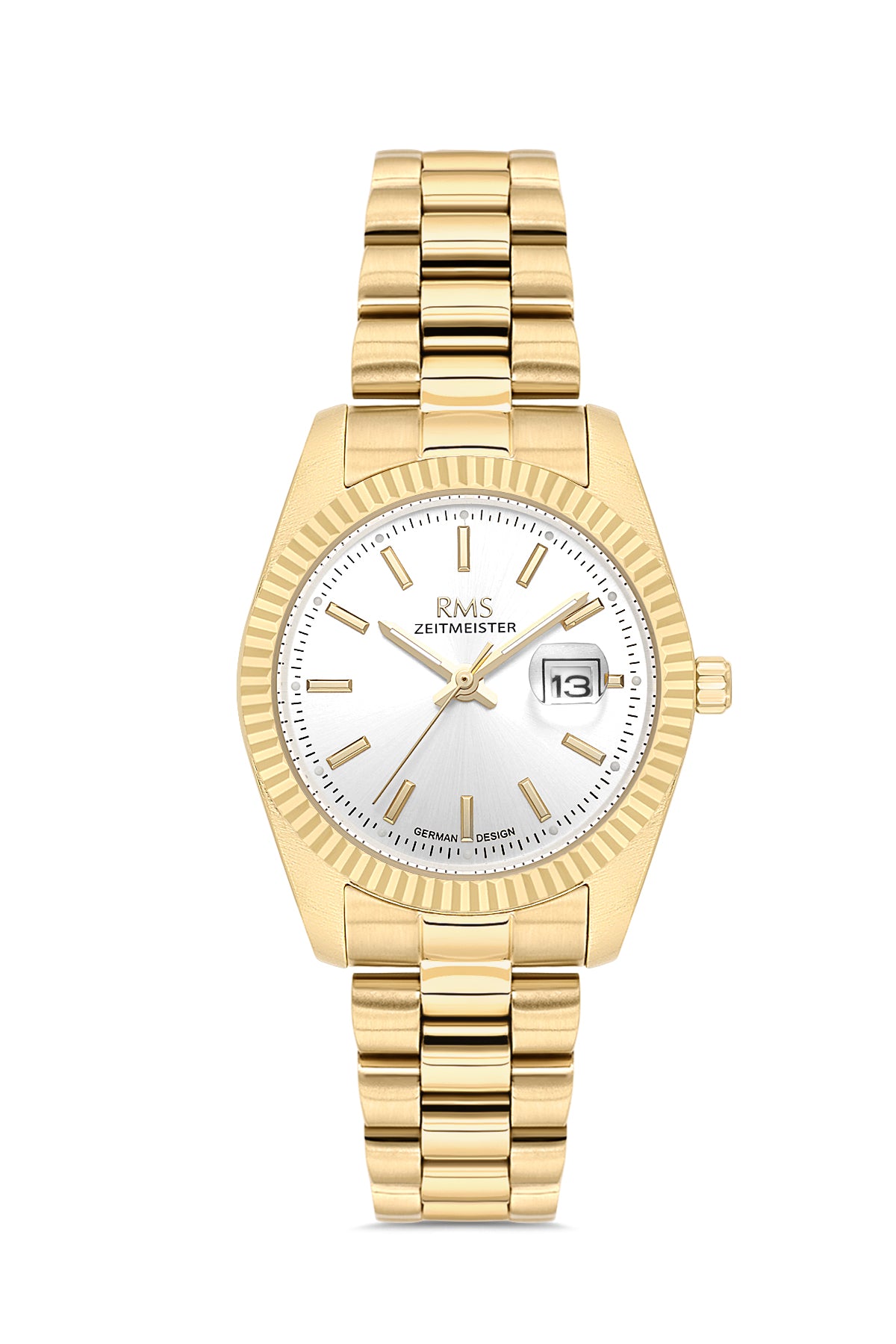 RMS Zeitmeister AG1536.20 women's watch with silver dial, gold-tone case and stainless steel bracelet – front view