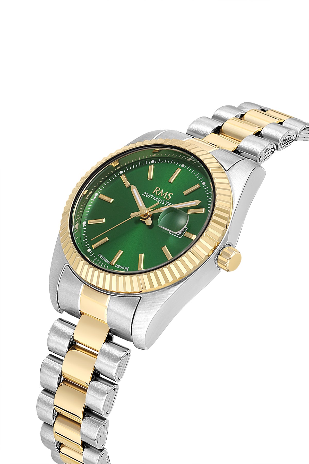 RMS Zeitmeister AG1536.49 women's watch with green dial, two-tone case and stainless steel bracelet – angled view