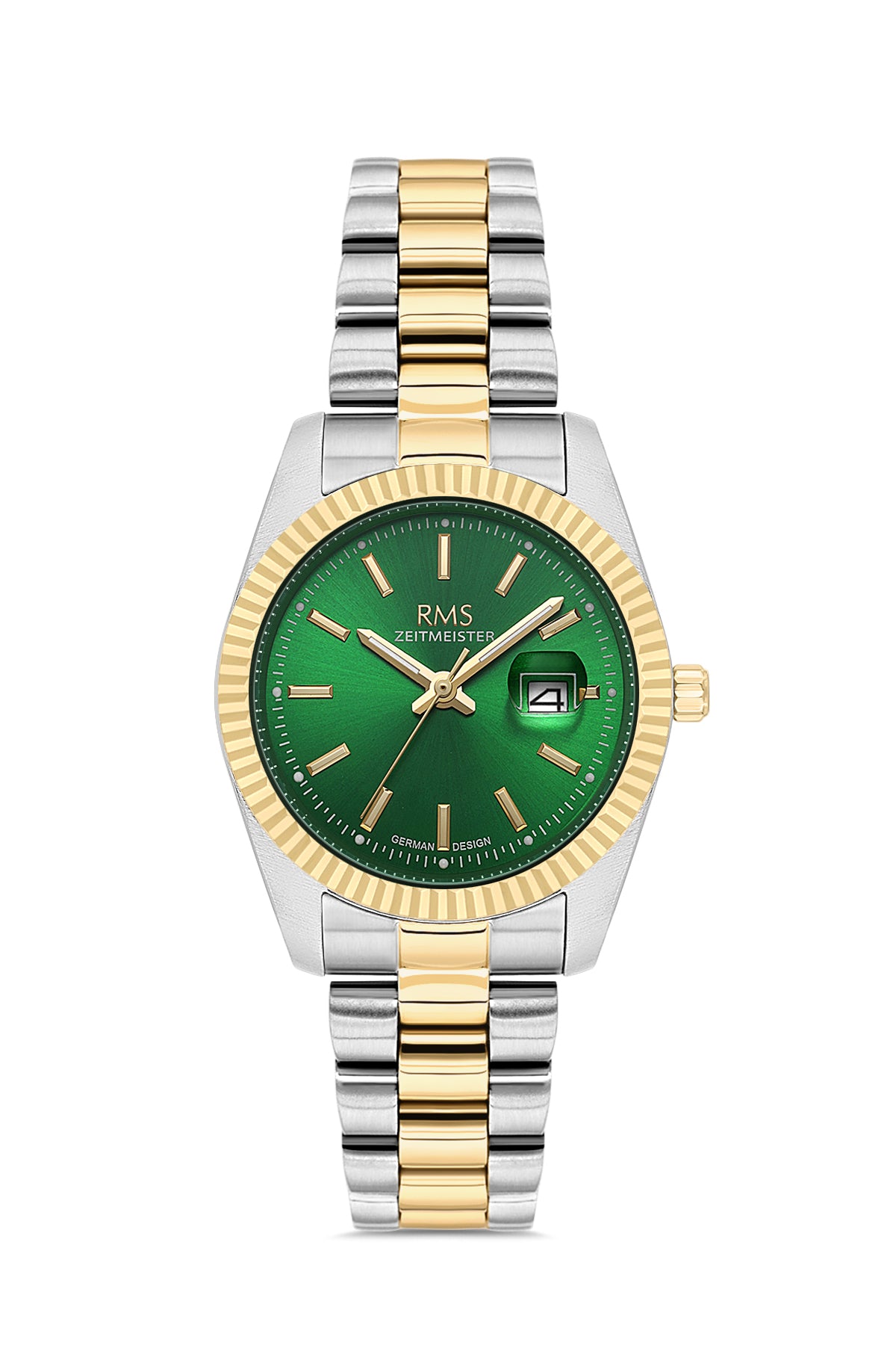 RMS Zeitmeister AG1536.49 women's watch with green dial, two-tone case and stainless steel bracelet – front view