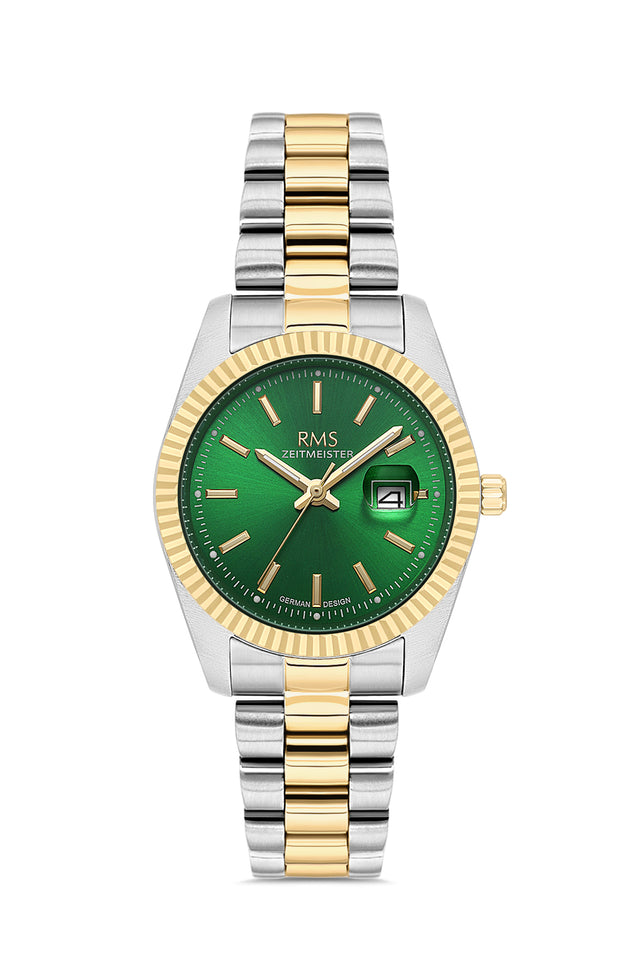 RMS Zeitmeister AG1536.49 women's watch with green dial, two-tone case and stainless steel bracelet – front view