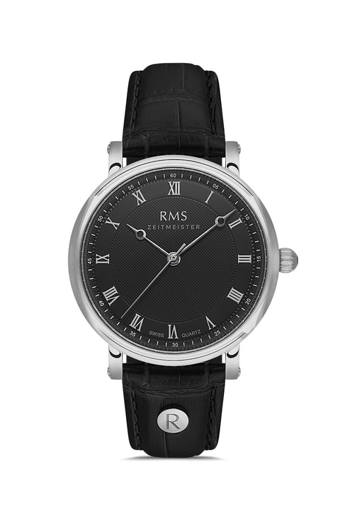 RMS Zeitmeister AG1558.02 men's watch with black dial, silver-tone case and black genuine leather strap – front view