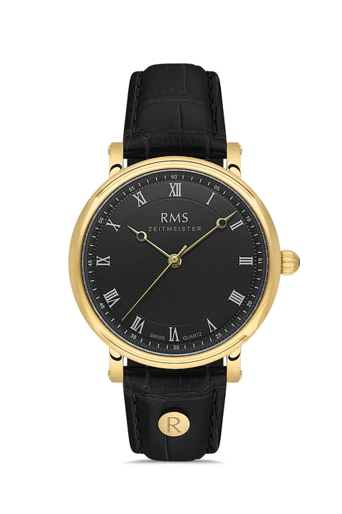 RMS Zeitmeister AG1558.05 men's watch with black dial, gold-tone case and black genuine leather strap – front view