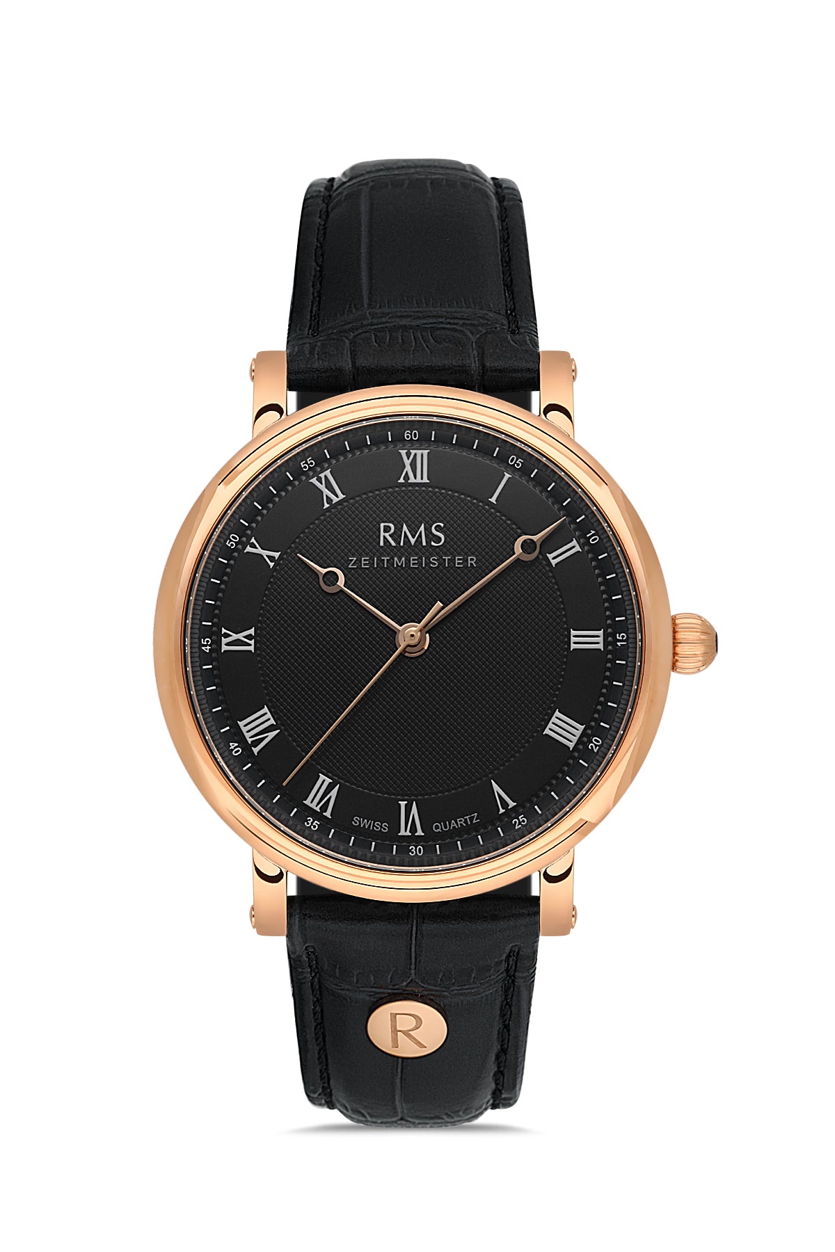 RMS Zeitmeister AG1558.06 men's watch with black dial, rose gold-tone case and black genuine leather strap – front view