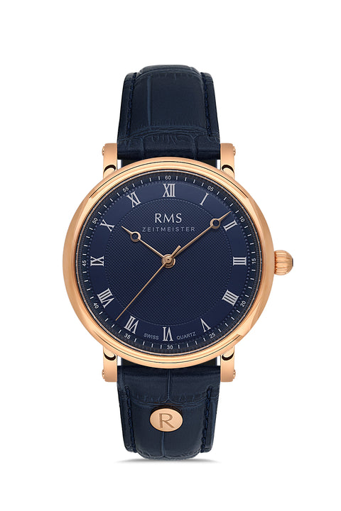 RMS Zeitmeister AG1558.07 men's watch with blue dial, rose gold-tone case and blue genuine leather strap – front view