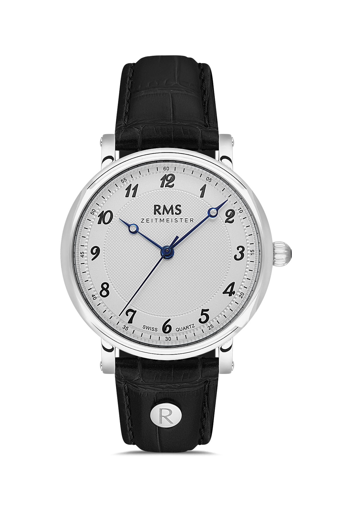 RMS Zeitmeister AG1558.09 men's watch with white dial, silver-tone case and black genuine leather strap – front view