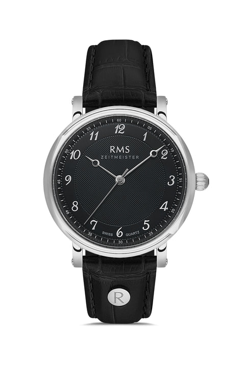 RMS Zeitmeister AG1558.10 men's watch with black dial, silver-tone case and black genuine leather strap – front view