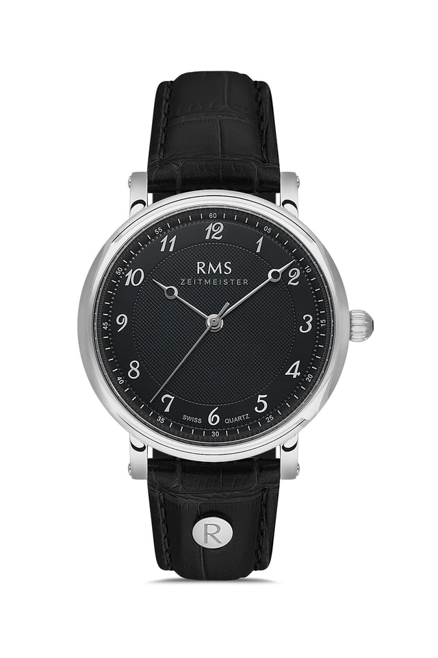 RMS Zeitmeister AG1558.10 men's watch with black dial, silver-tone case and black genuine leather strap – front view
