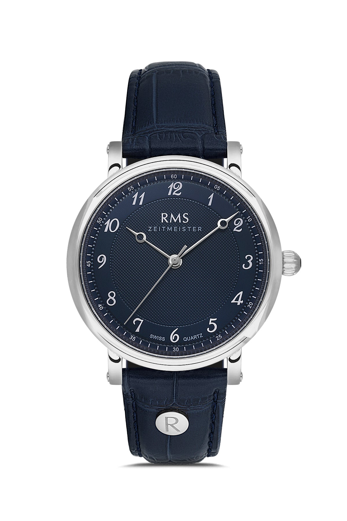 RMS Zeitmeister AG1558.11 men's watch with blue dial, silver-tone case and blue genuine leather strap – front view