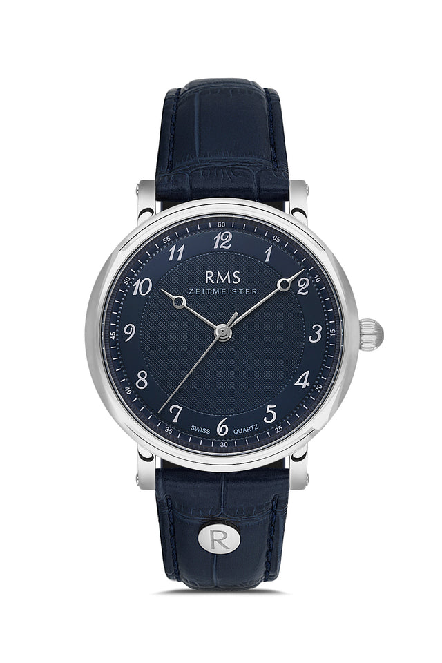 RMS Zeitmeister AG1558.11 men's watch with blue dial, silver-tone case and blue genuine leather strap – front view
