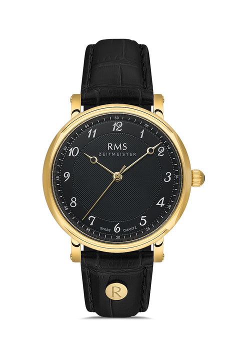 RMS Zeitmeister AG1558.13 men's watch with black dial, gold-tone case and black genuine leather strap – front view