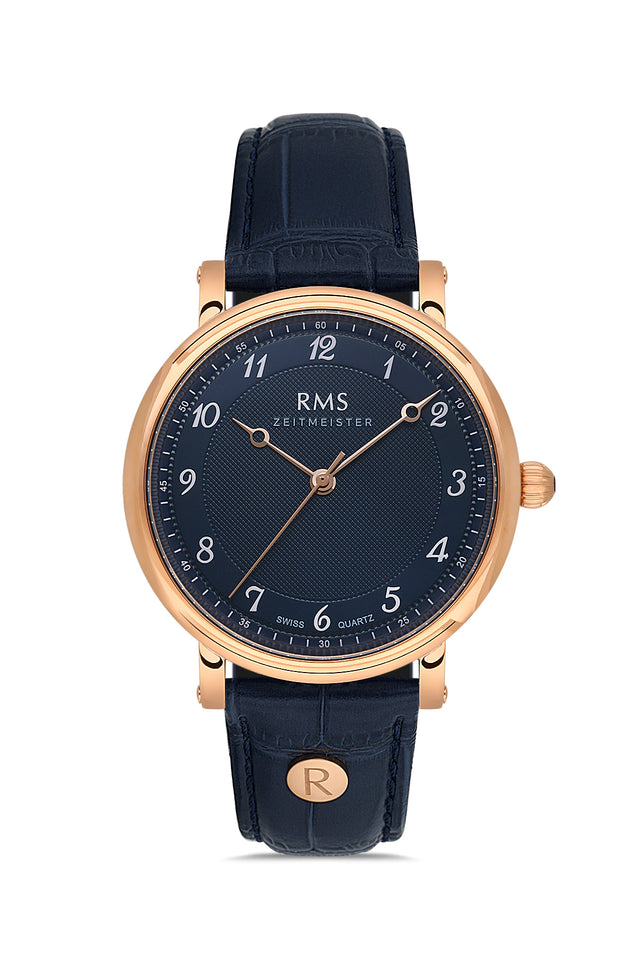 RMS Zeitmeister AG1558.15 men's watch with blue dial, rose gold-tone case and blue genuine leather strap – front view