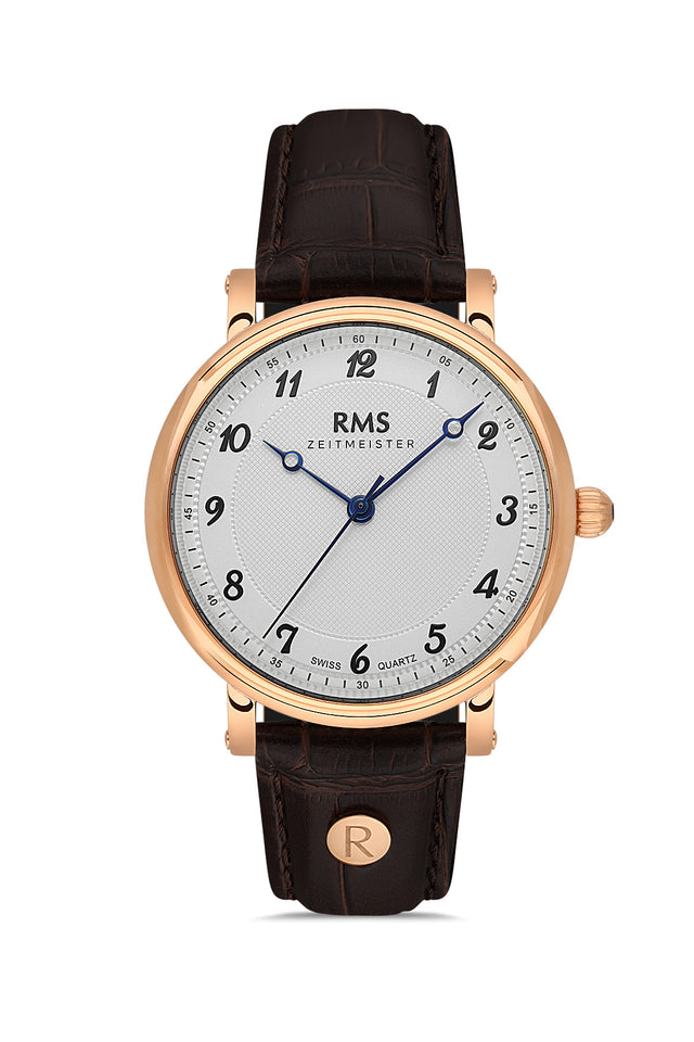 RMS Zeitmeister AG1558.16 men's watch with white dial, rose gold-tone case and brown genuine leather strap – front view