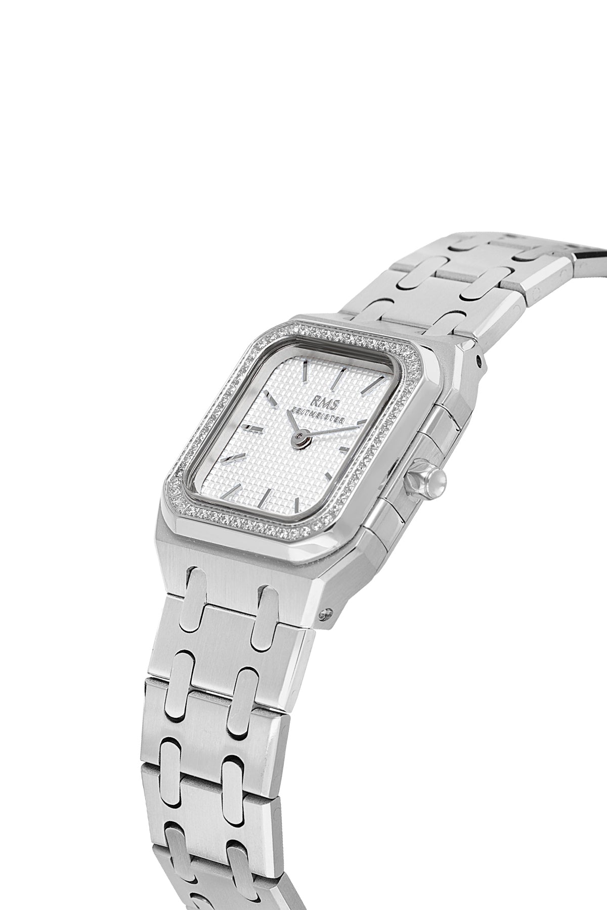 RMS Zeitmeister AG1581.01 women's watch with white dial, silver-tone case and stainless steel bracelet – angled view