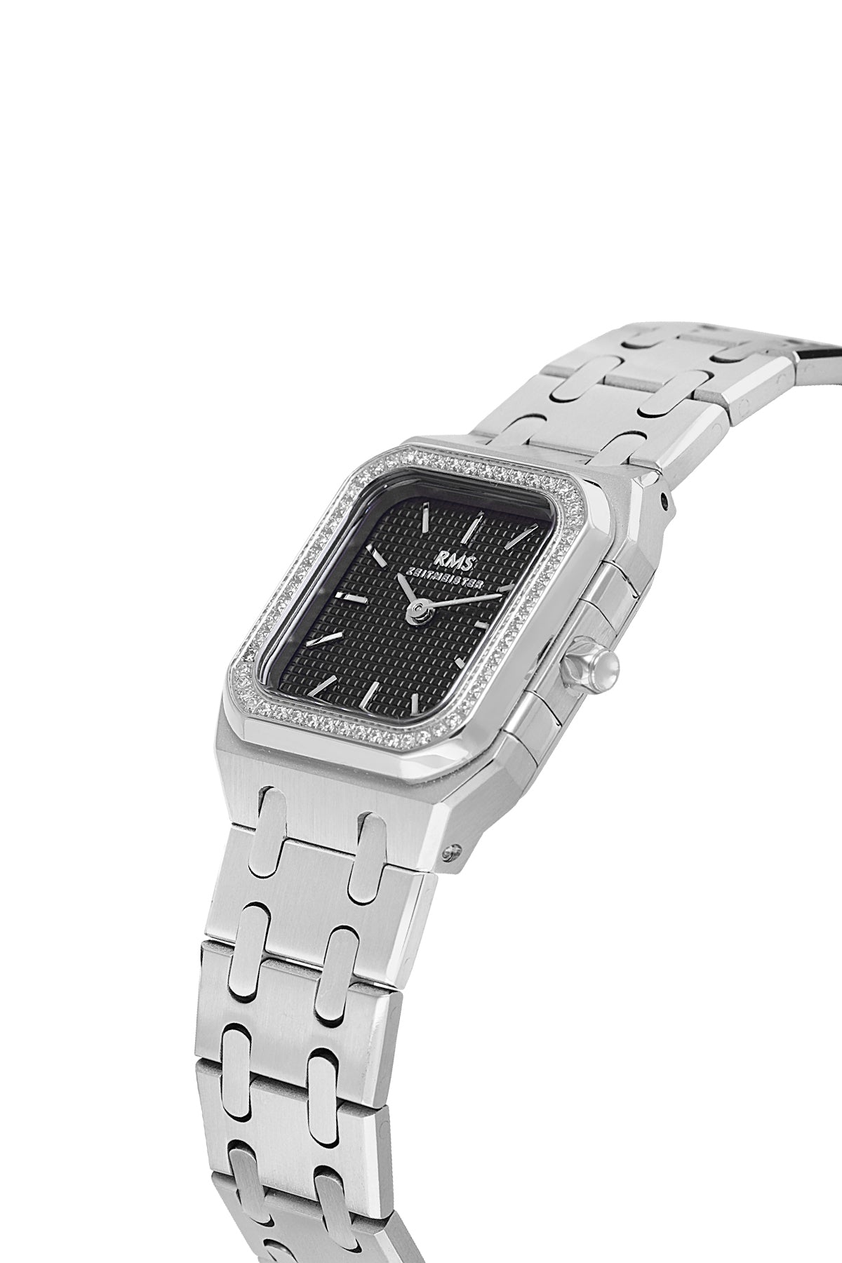 RMS Zeitmeister AG1581.02 women's watch with black dial, silver-tone case and stainless steel bracelet – angled view