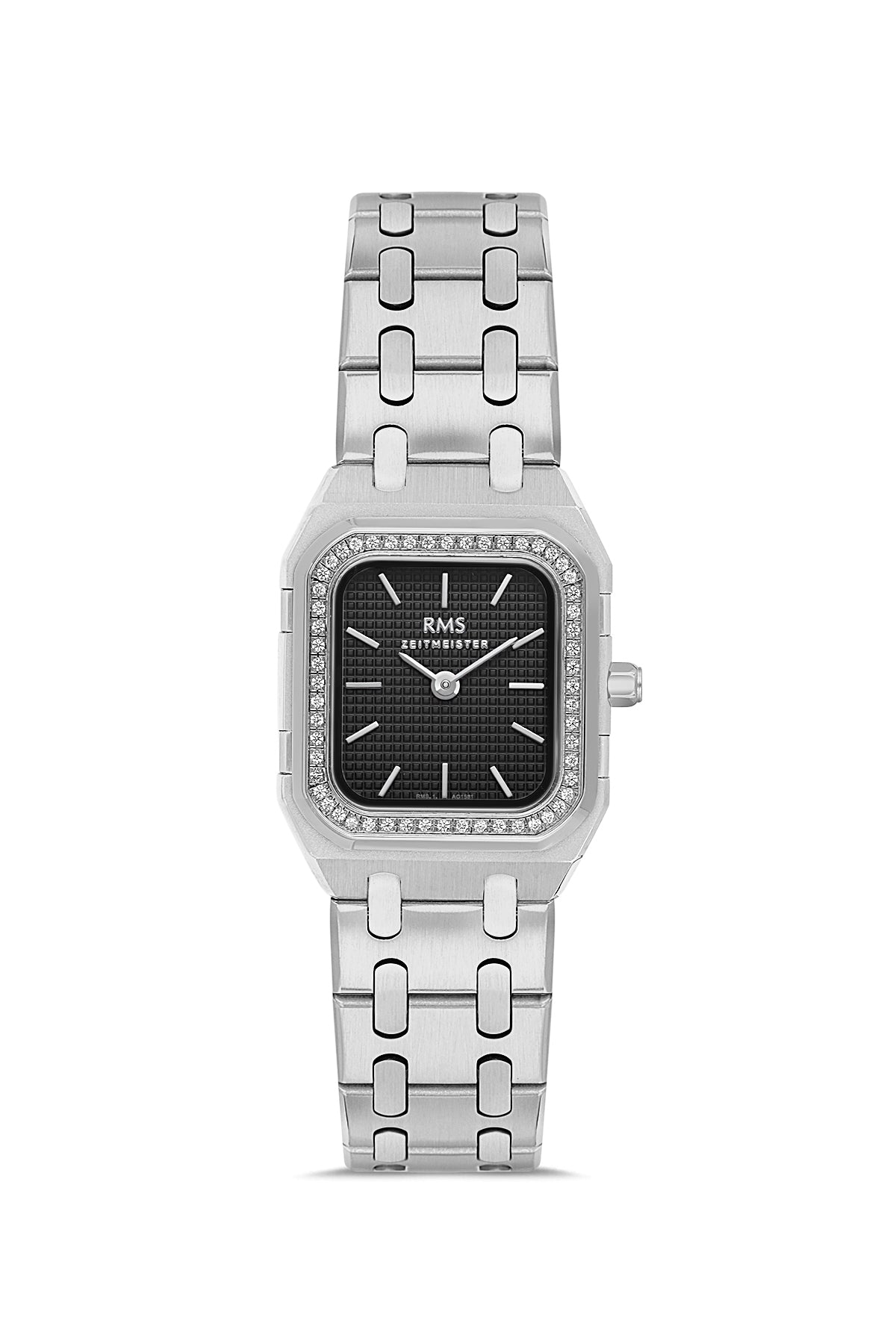 RMS Zeitmeister AG1581.02 women's watch with black dial, silver-tone case and stainless steel bracelet – front view