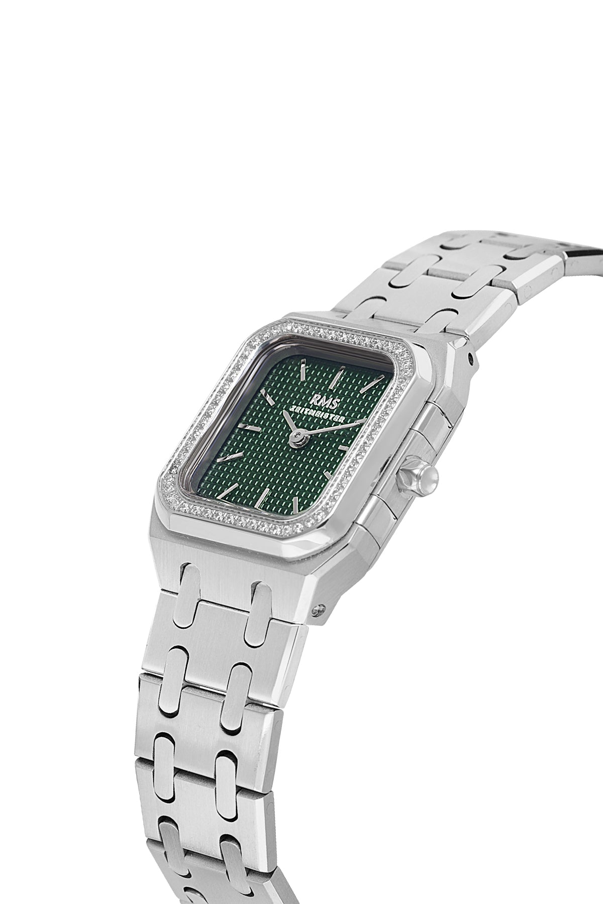 RMS Zeitmeister AG1581.03 women's watch with green dial, silver-tone case and stainless steel bracelet – angled view