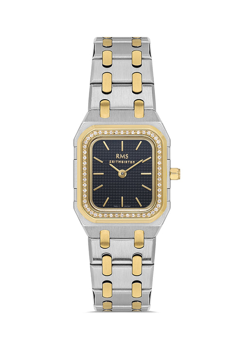 RMS Zeitmeister AG1581.05 women's watch with black dial, two-tone case and stainless steel bracelet – front view