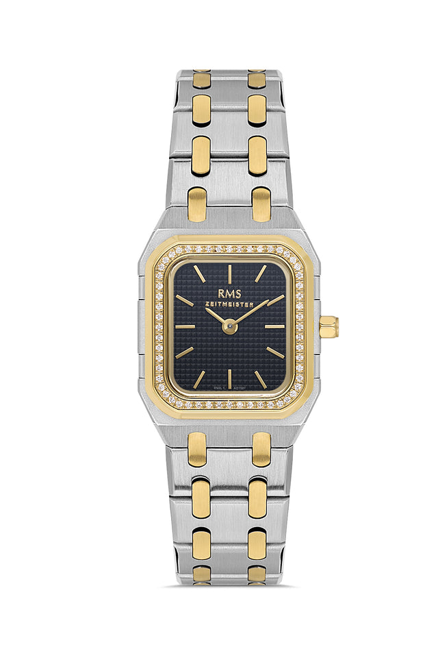 RMS Zeitmeister AG1581.05 women's watch with black dial, two-tone case and stainless steel bracelet – front view