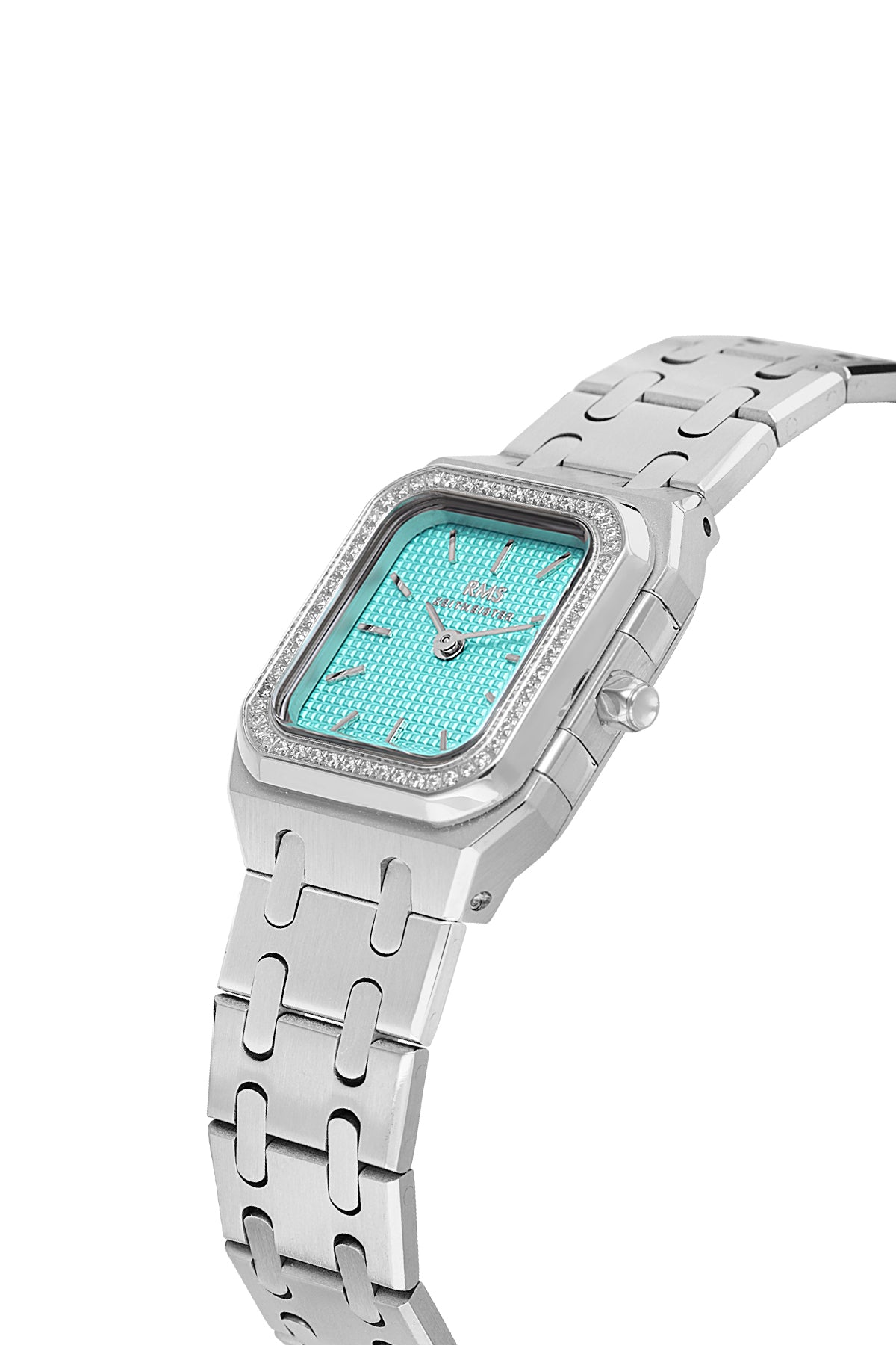 RMS Zeitmeister AG1581.08 women's watch with turquoise dial, silver-tone case and stainless steel bracelet – angled view