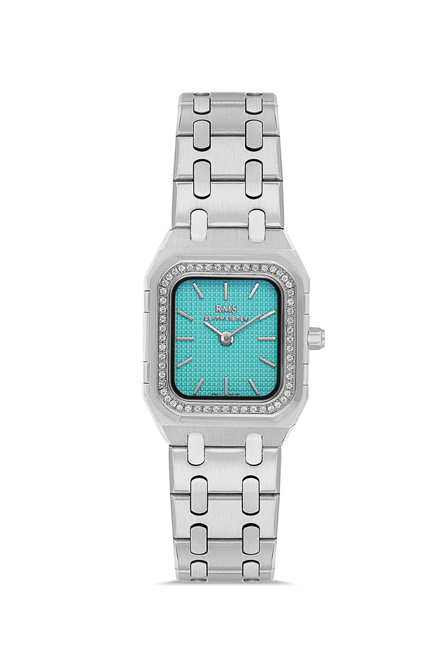 RMS Zeitmeister AG1581.08 women's watch with turquoise dial, silver-tone case and stainless steel bracelet – front view