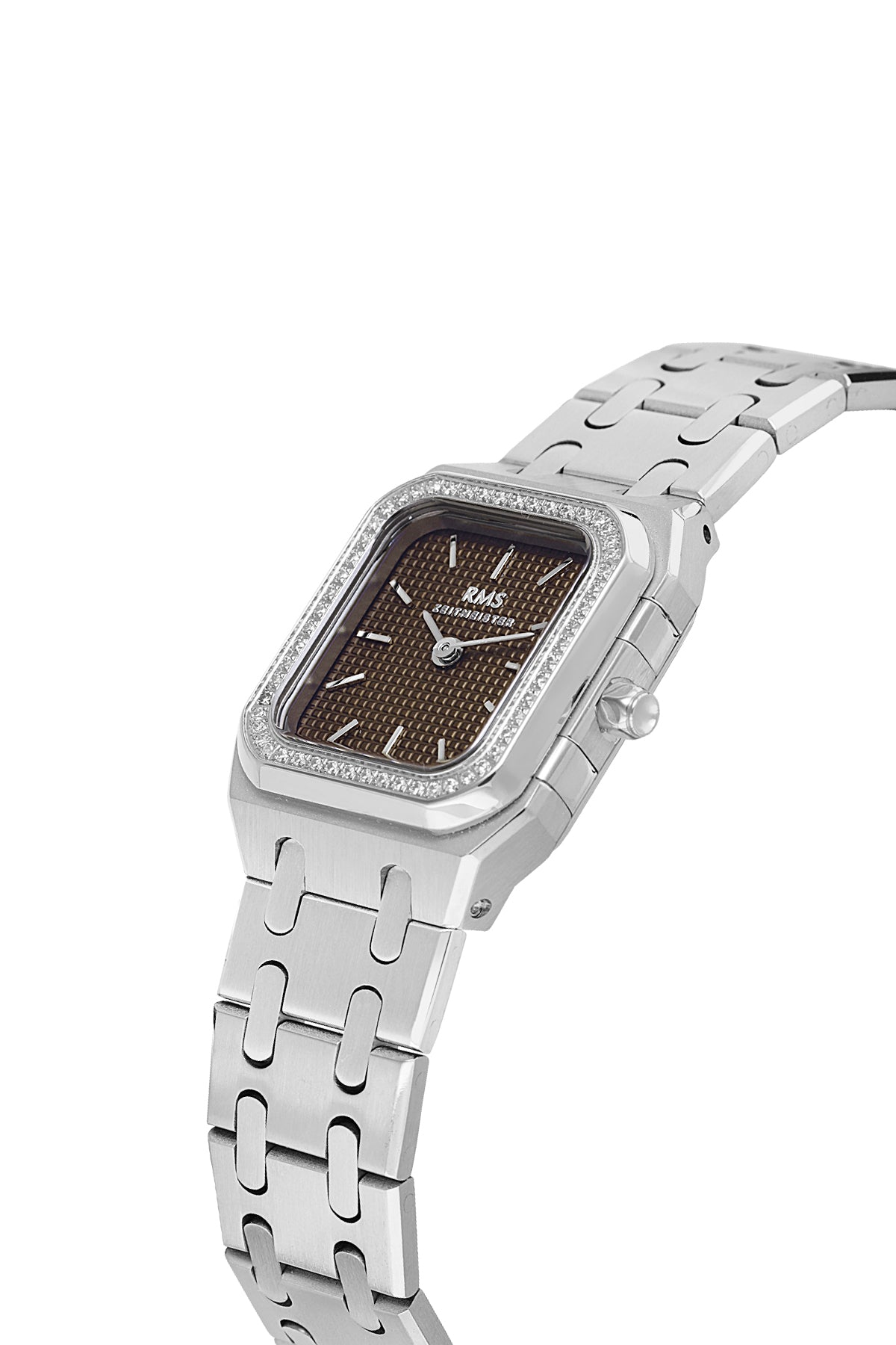 RMS Zeitmeister AG1581.09 women's watch with brown dial, silver-tone case and stainless steel bracelet – angled view