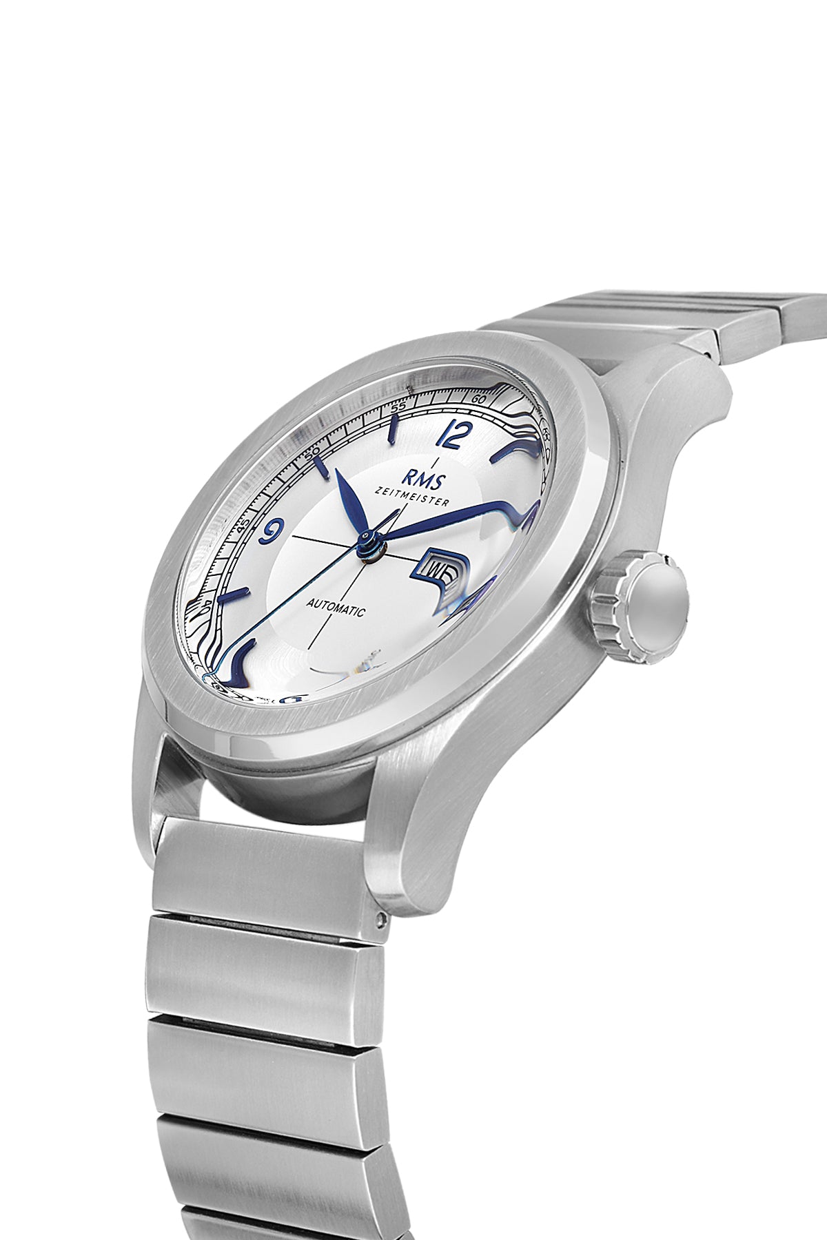 RMS Zeitmeister AG1582.01 men's automatic watch with silver dial, silver-tone case and stainless steel bracelet – angled view