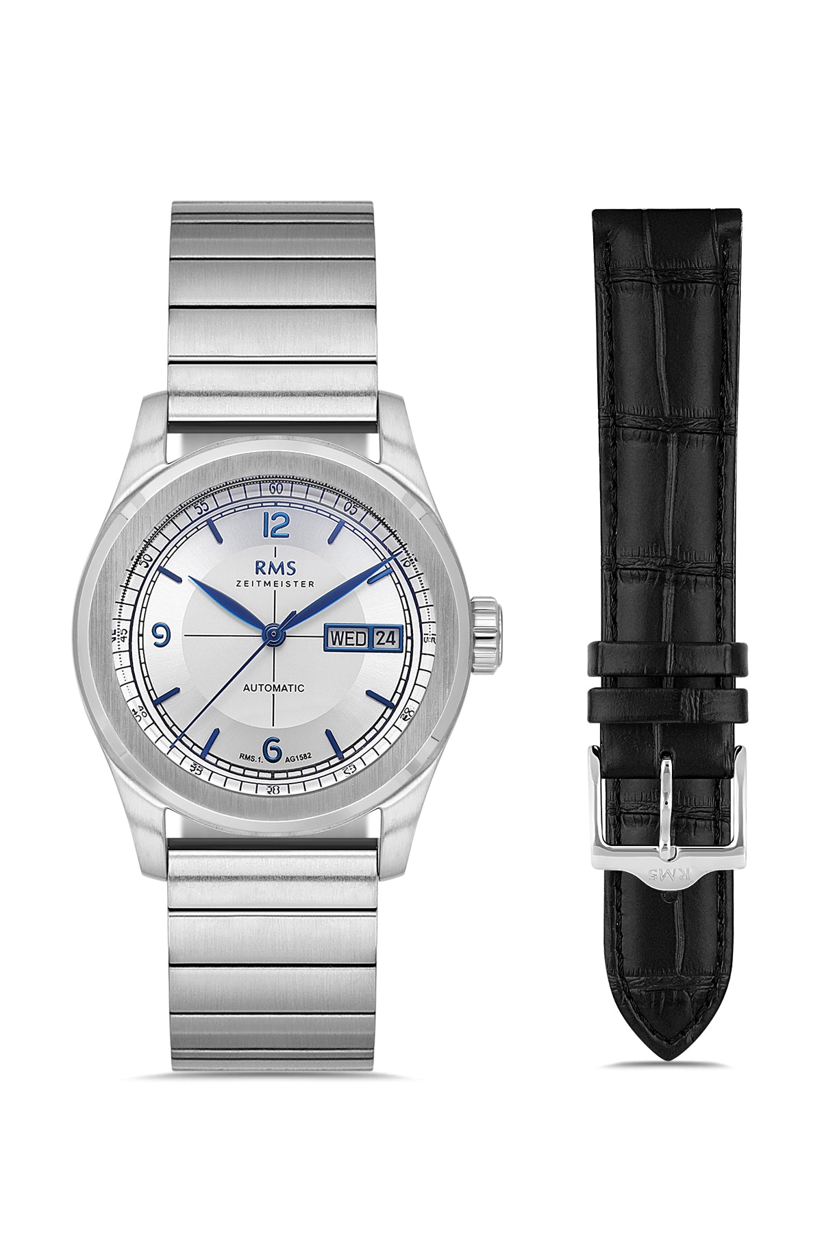 RMS Zeitmeister AG1582.01 men's automatic watch with silver dial, silver-tone case and stainless steel bracelet – front view