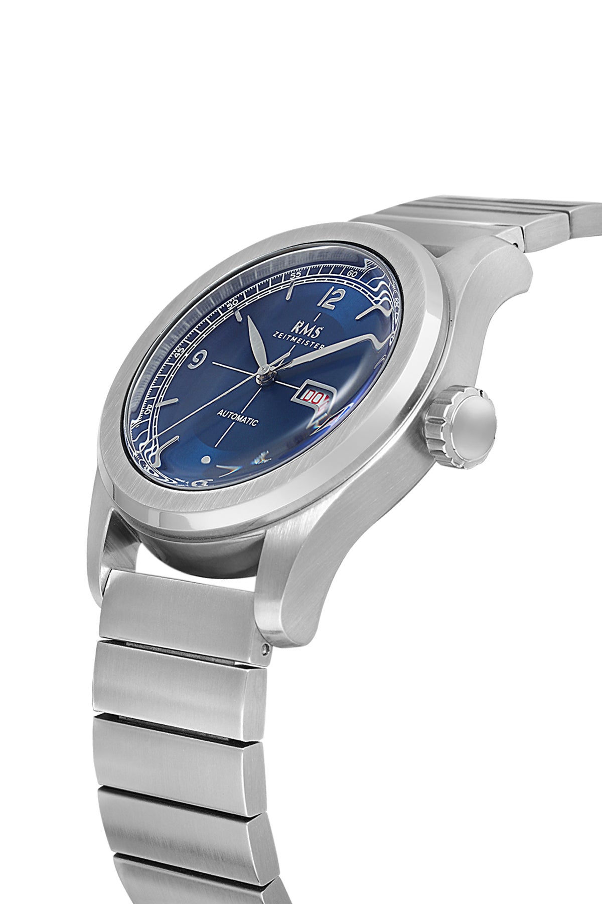 RMS Zeitmeister AG1582.03 men's automatic watch with blue dial, silver-tone case and stainless steel bracelet – angled view