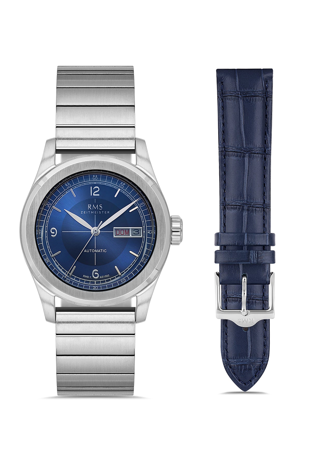 RMS Zeitmeister AG1582.03 men's automatic watch with blue dial, silver-tone case and stainless steel bracelet – front view