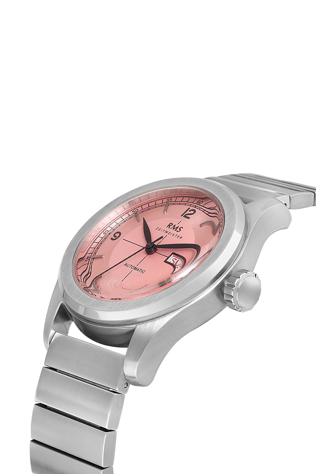 RMS Zeitmeister AG1582.05 men's automatic watch with salmon dial, silver-tone case and stainless steel bracelet – angled view
