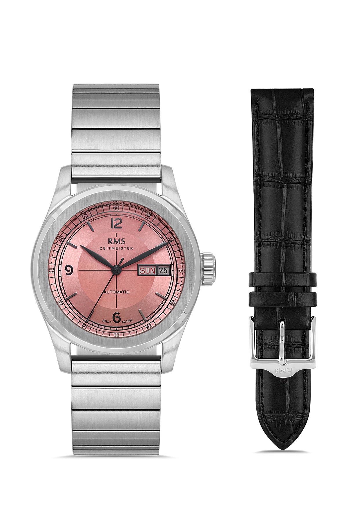 RMS Zeitmeister AG1582.05 men's automatic watch with salmon dial, silver-tone case and stainless steel bracelet – front view