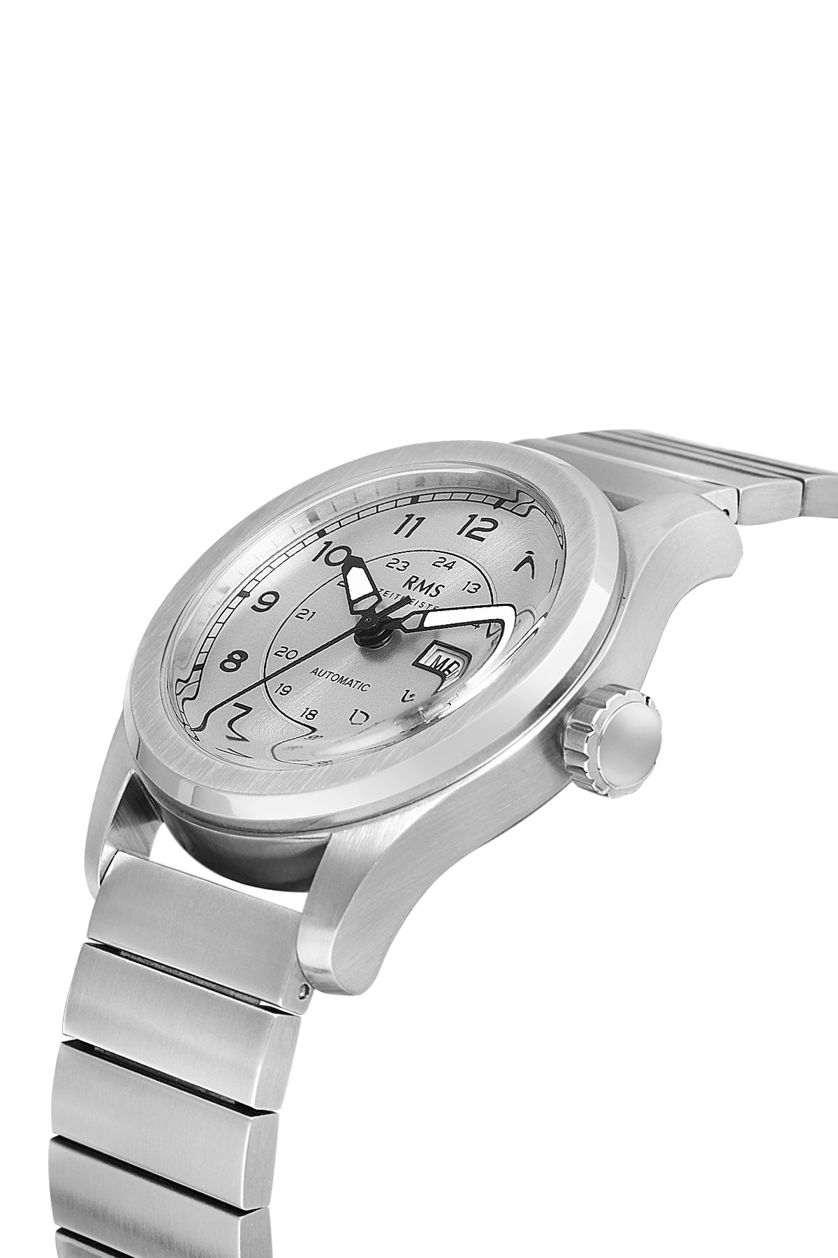 RMS Zeitmeister AG1582.06 men's automatic watch with silver dial, silver-tone case and stainless steel bracelet – angled view