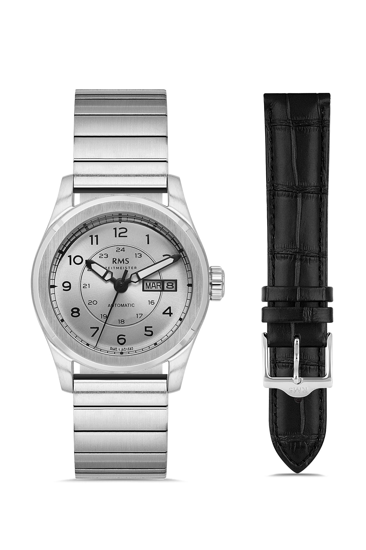 RMS Zeitmeister AG1582.06 men's automatic watch with silver dial, silver-tone case and stainless steel bracelet – front view