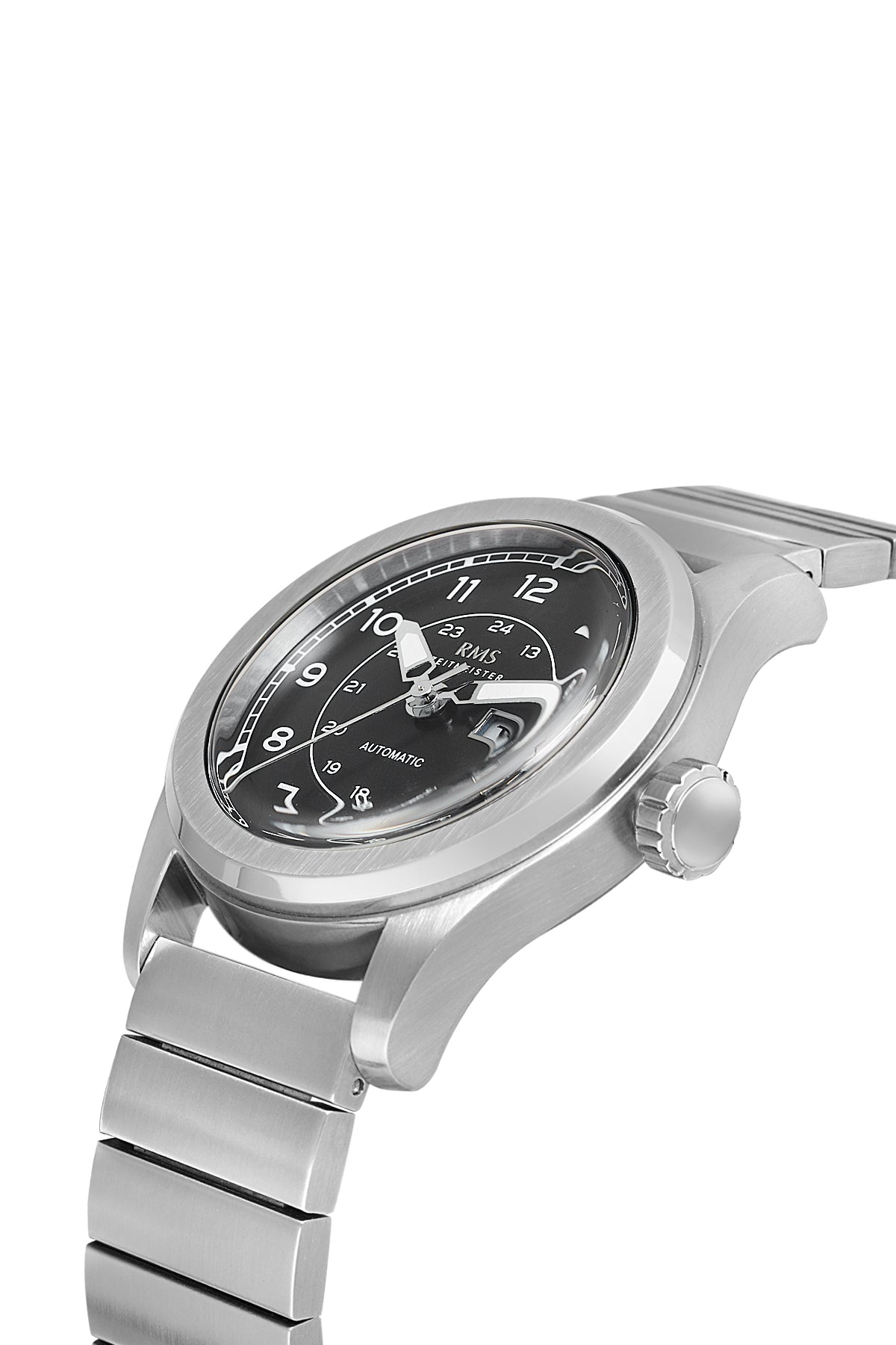 RMS Zeitmeister AG1582.07 men's automatic watch with black dial, silver-tone case and stainless steel bracelet – angled view