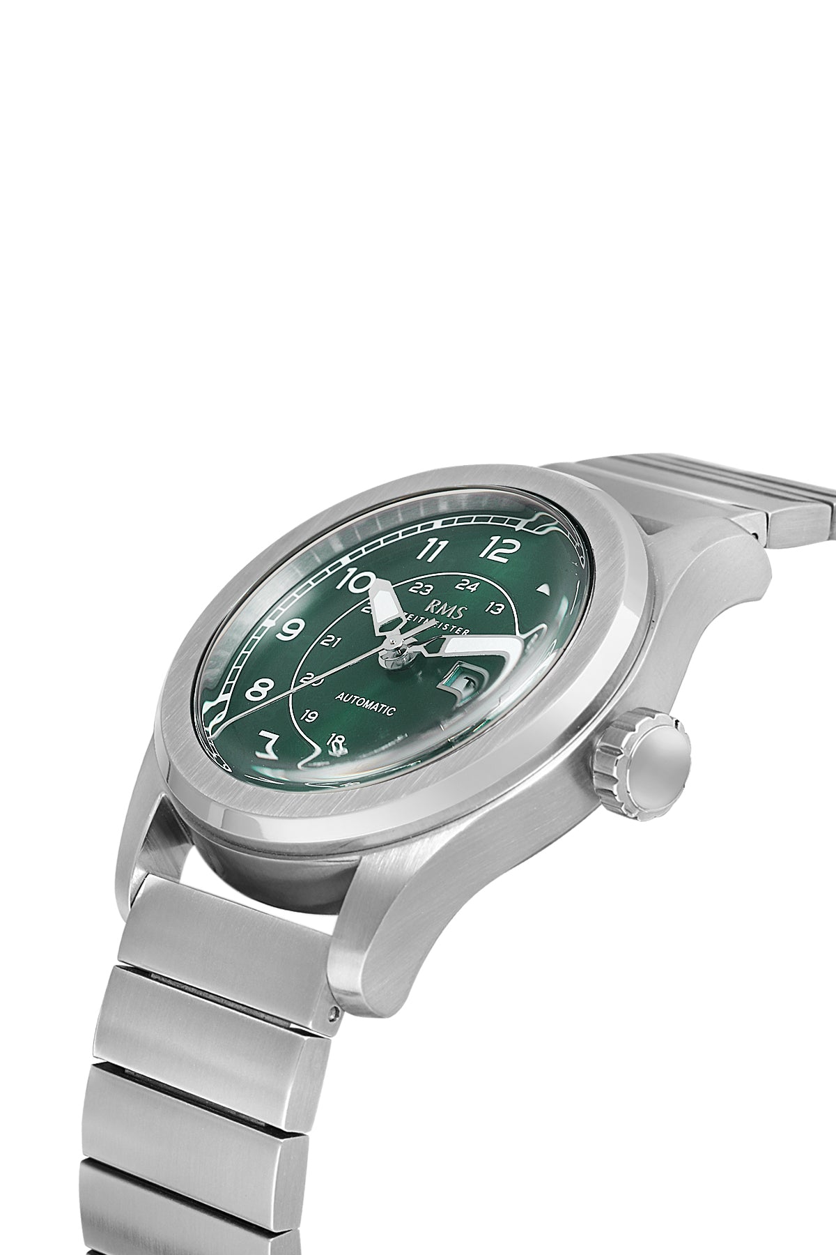 RMS Zeitmeister AG1582.09 men's automatic watch with green dial, silver-tone case and stainless steel bracelet – angled view