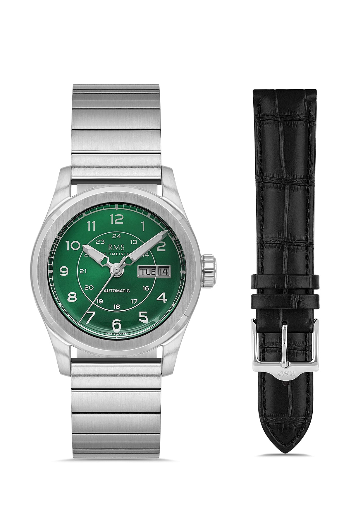 RMS Zeitmeister AG1582.09 men's automatic watch with green dial, silver-tone case and stainless steel bracelet – front view