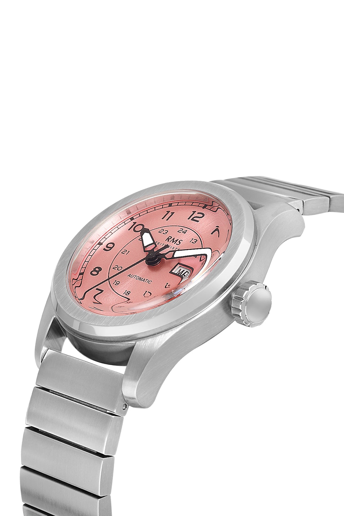 RMS Zeitmeister AG1582.10 men's automatic watch with salmon dial, silver-tone case and stainless steel bracelet – angled view
