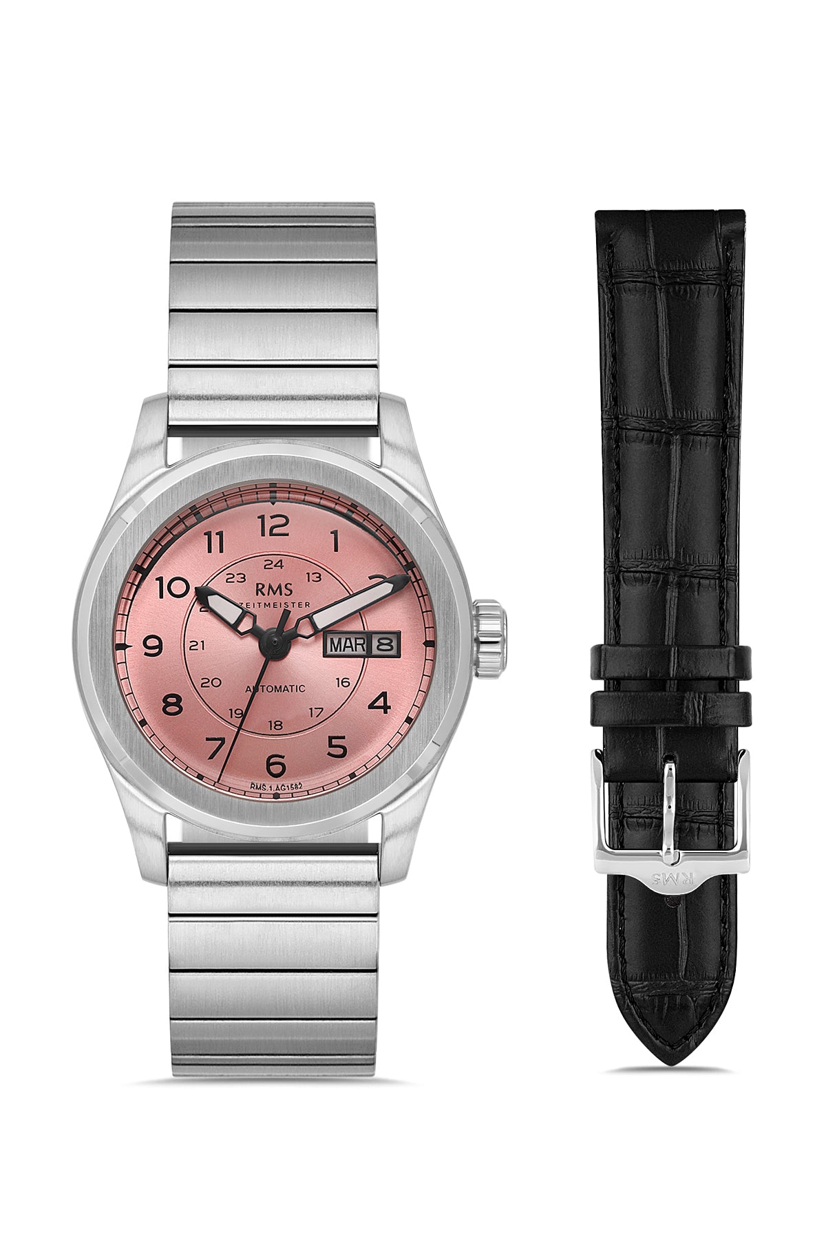 RMS Zeitmeister AG1582.10 men's automatic watch with salmon dial, silver-tone case and stainless steel bracelet – front view