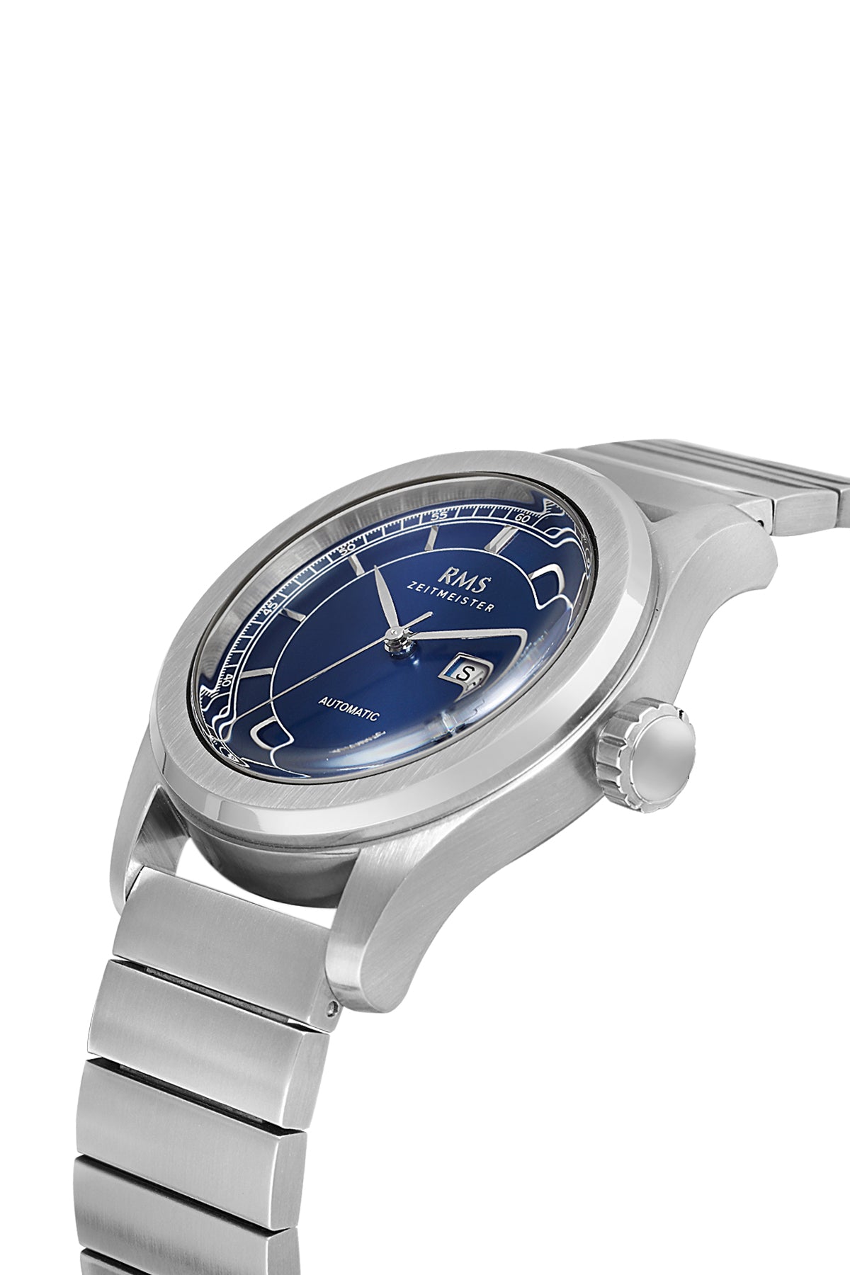 RMS Zeitmeister AG1582.13 men's automatic watch with blue dial, silver-tone case and stainless steel bracelet – angled view