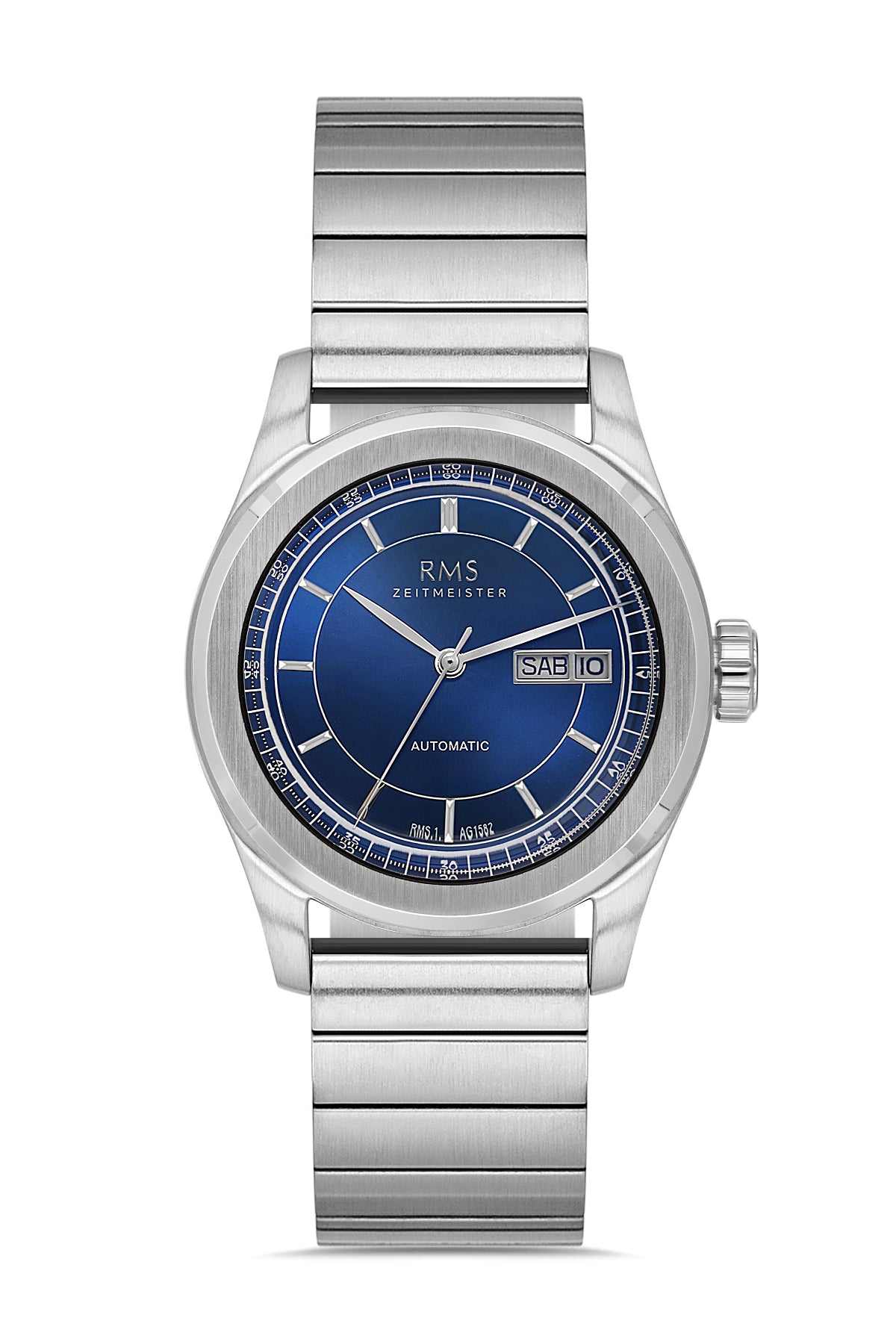RMS Zeitmeister AG1582.13 men's automatic watch with blue dial, silver-tone case and stainless steel bracelet – front view