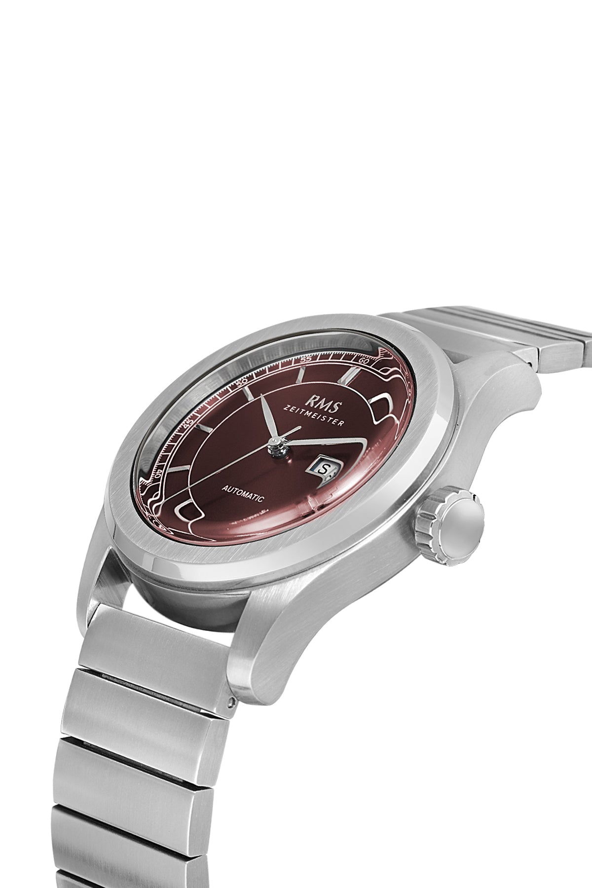 RMS Zeitmeister AG1582.14 men's automatic watch with burgundy dial, silver-tone case and stainless steel bracelet – angled view