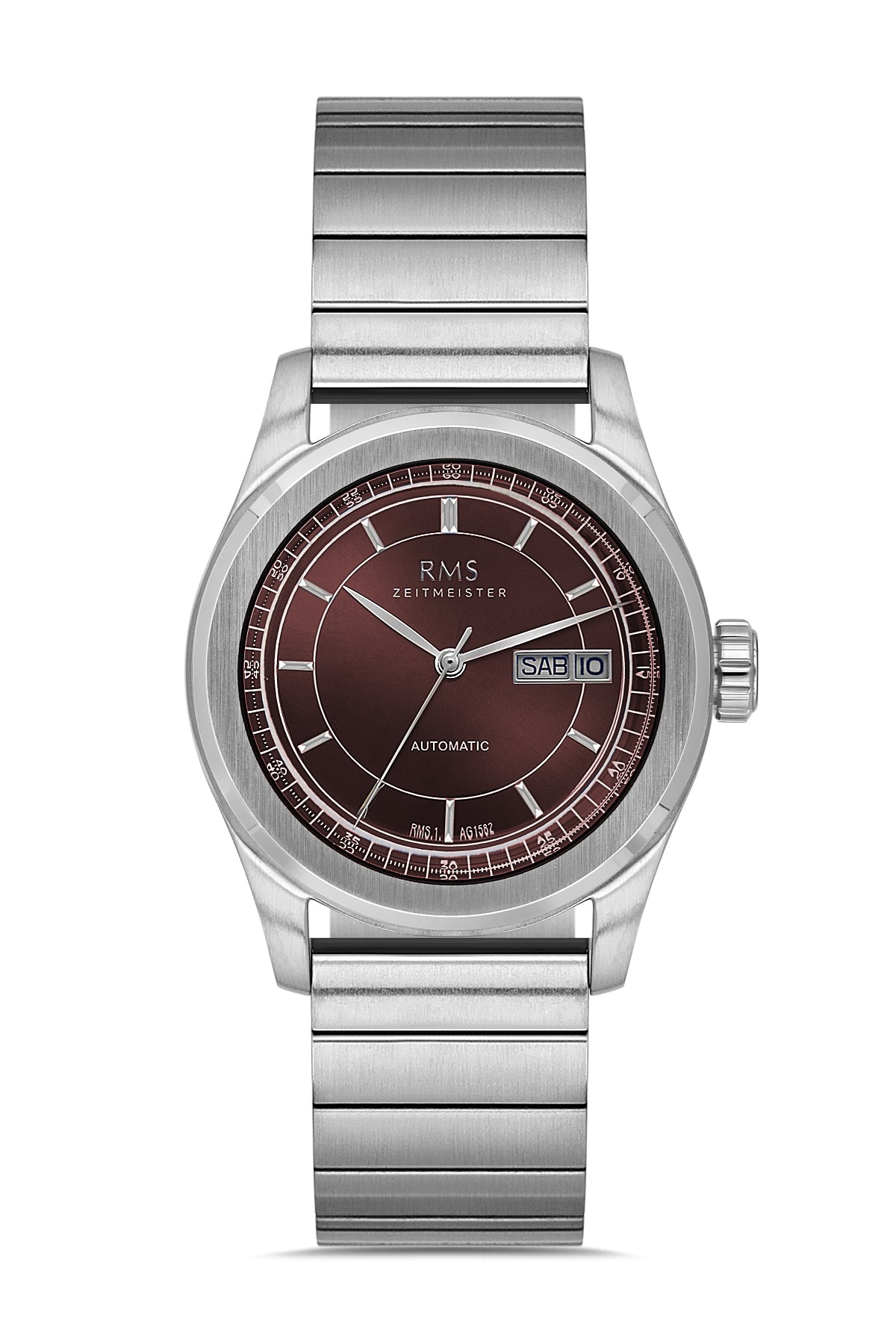RMS Zeitmeister AG1582.14 men's automatic watch with burgundy dial, silver-tone case and stainless steel bracelet – front view