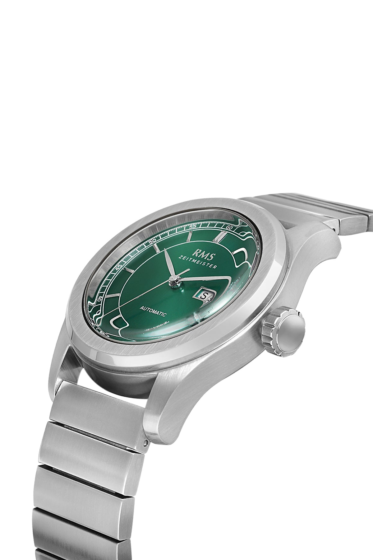 RMS Zeitmeister AG1582.15 men's automatic watch with green dial, silver-tone case and stainless steel bracelet – angled view