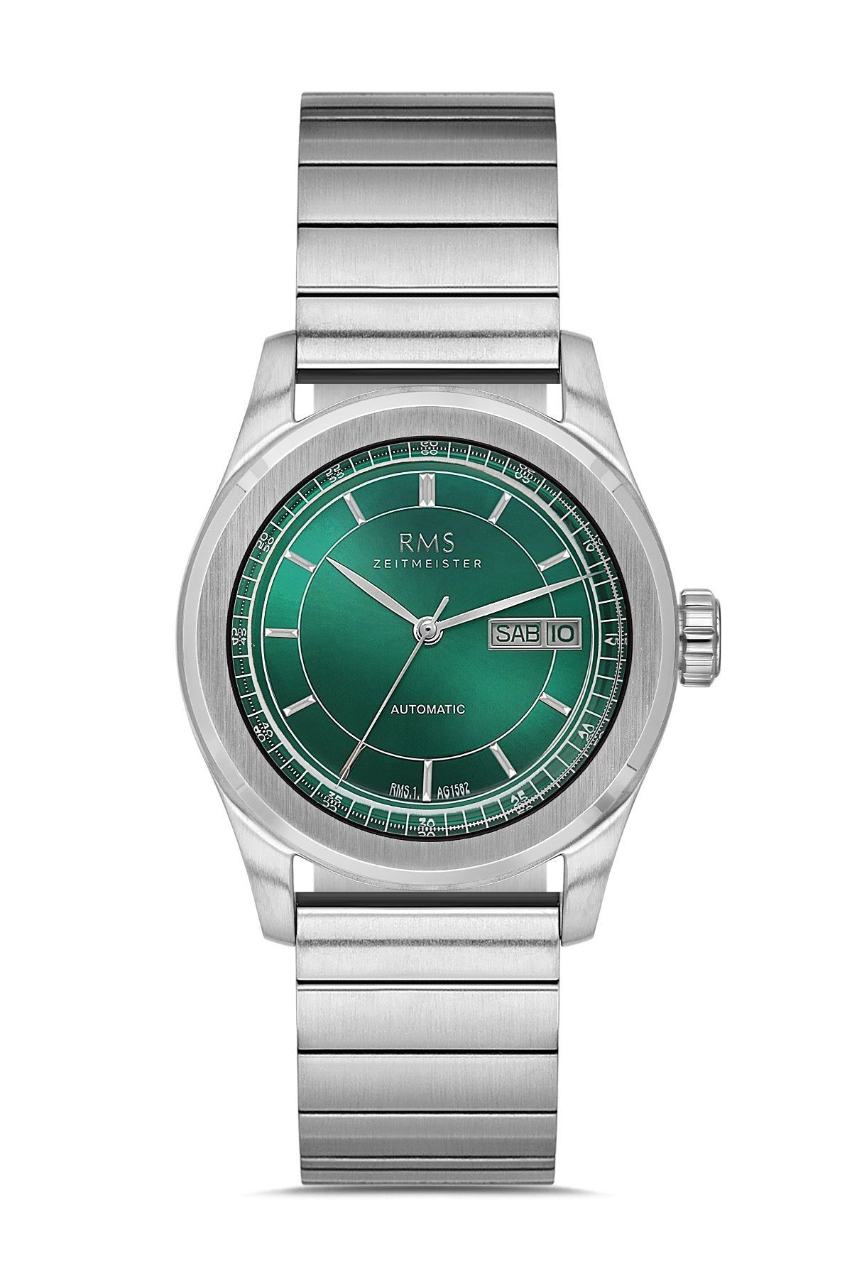 RMS Zeitmeister AG1582.15 men's automatic watch with green dial, silver-tone case and stainless steel bracelet – front view