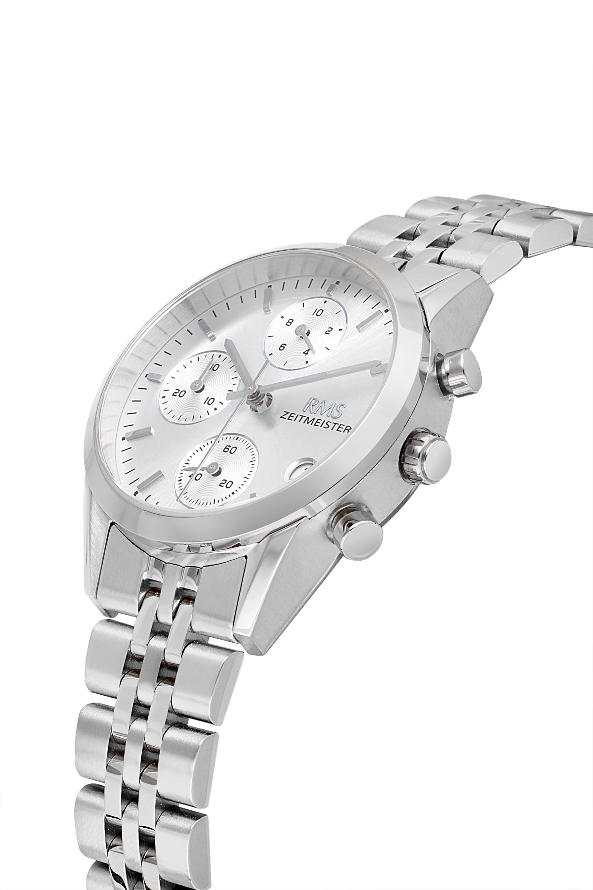 RMS Zeitmeister AG1594.01 women's chronograph watch with silver dial, silver-tone case and stainless steel bracelet – angled view