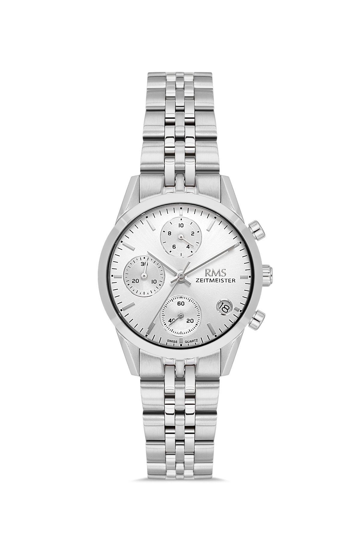 RMS Zeitmeister AG1594.01 women's chronograph watch with silver dial, silver-tone case and stainless steel bracelet – front view
